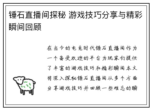锤石直播间探秘 游戏技巧分享与精彩瞬间回顾